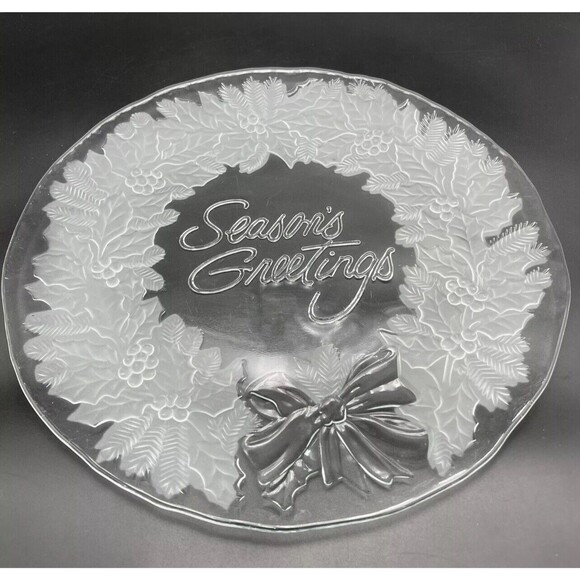 Vintage Mikasa Season’s Greetings Wreath Embossed Clear & Frosted Glass Platter - Picture 7 of 9